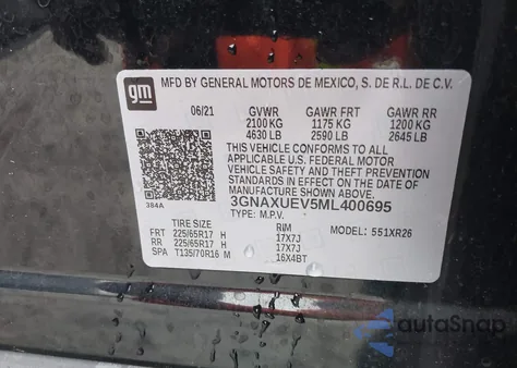 2021 Chevrolet Equinox Awd Lt from USA, damaged, VIN 3GNAXUEV5ML400695